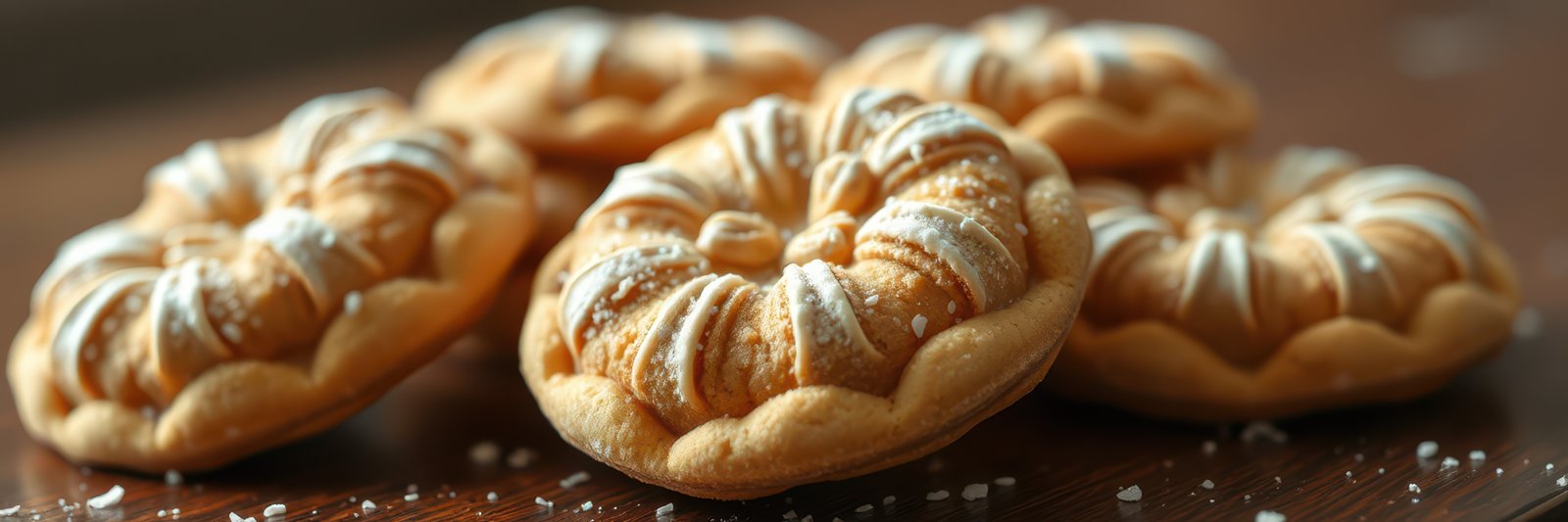 Delicious baked pastries with intricate designs and powdered sugar on a wooden table